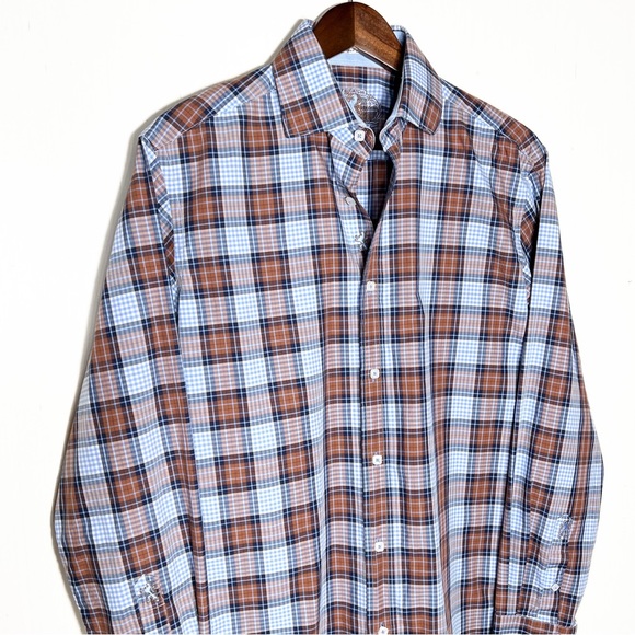 Bugatchi Mens Plaid Blue Brown Logo Embroidered Long Sleeve Buttondown Shirt - Picture 4 of 9